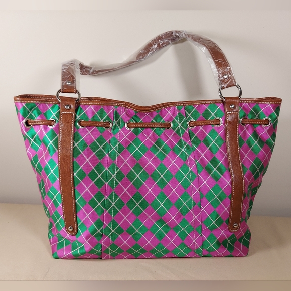 SYDNEY LOVE ARGYLE DRAWSTRING TOTE SHOULDER BAG,PINK/GREEN,ONE SIZE - Picture 8 of 14